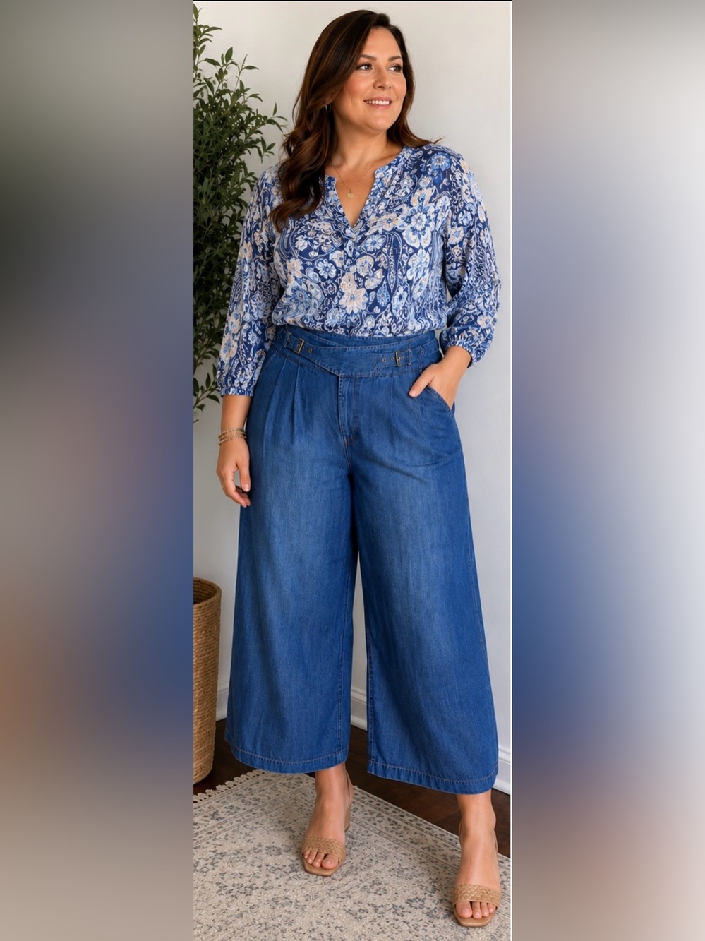 Lauren Ralph Lauren Blue Wide-Leg High-Rise Denim Pants